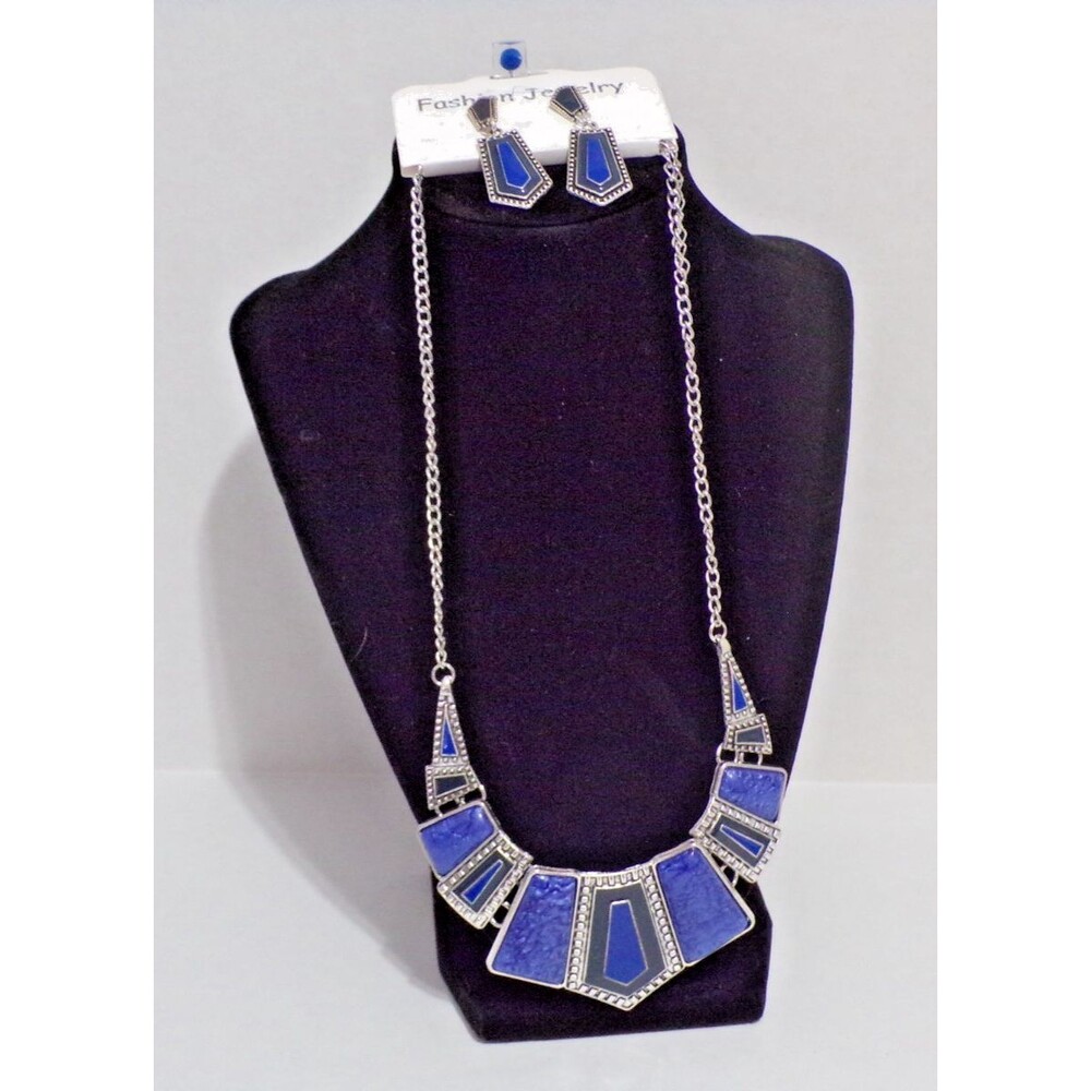 Yazilind Vintage Ethnic Tibetan Silver & Blue Rinestone Necklace & Errings Set